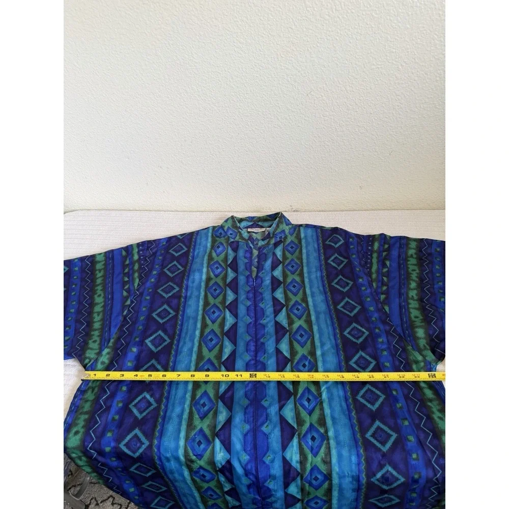 Sante Classics Women M Blue Green Geometric Print Button Front Long Dress Zipper